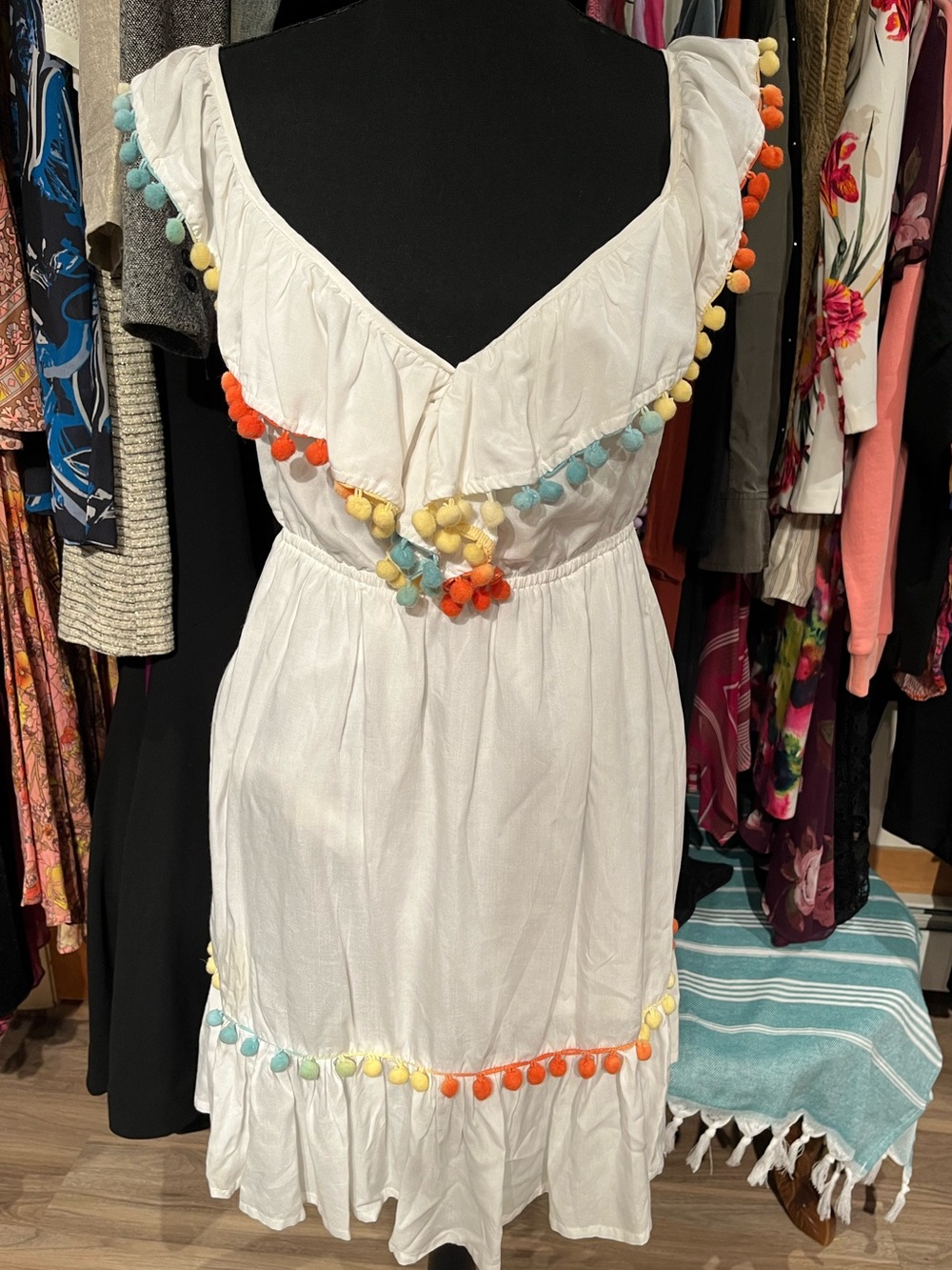 White Pom-Pom Trim Midi Dress - Casual Summer Style